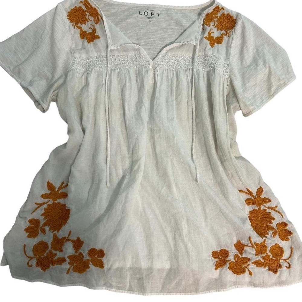 Loft white and orange embroidered floral flowy top